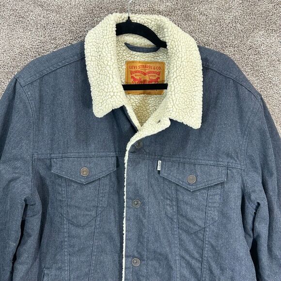 Levis Trucker Jacket Men Large Blue Sherpa Lined Full Snap Closer Chore Workwear - Picture 1 of 8